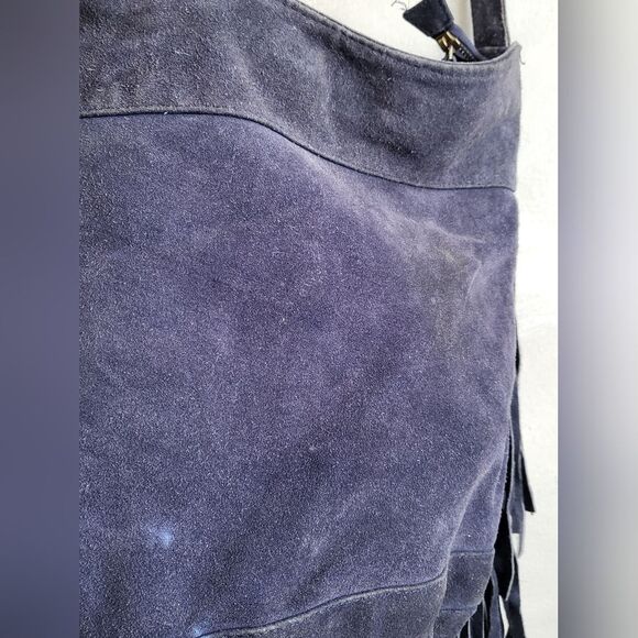 Ecote Blue Suede Side Fringe Cow Leather Bucket Sling Bag - Picture 4 of 15